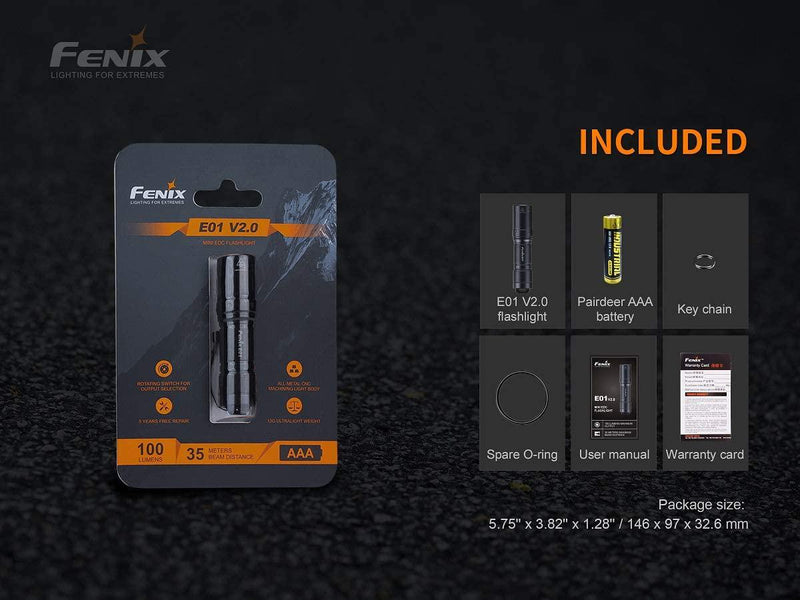 Fenix E01 V2.0 100 Lumen Mini Keychain EDC Torch with 35m Beam and Up to 25hr Runtime IP68 Waterproof LED Torch with 3 Brightness Modes for Camping or Reading Powered by a AAA Battery (included)