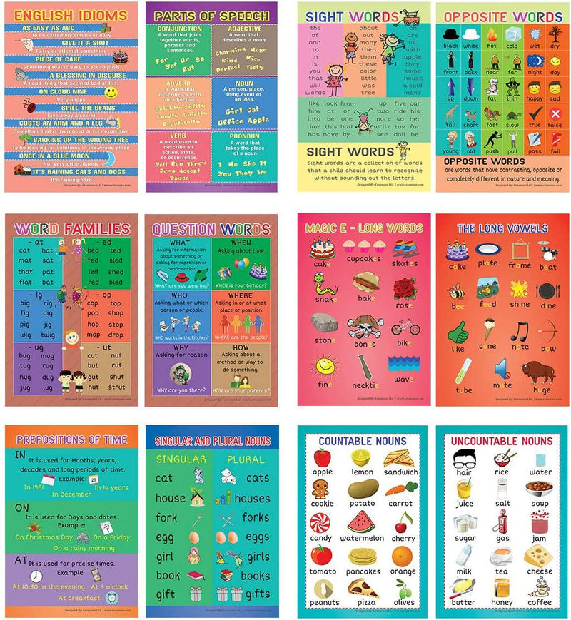 Fun English Learning Words Educational Posters (6-Pack)