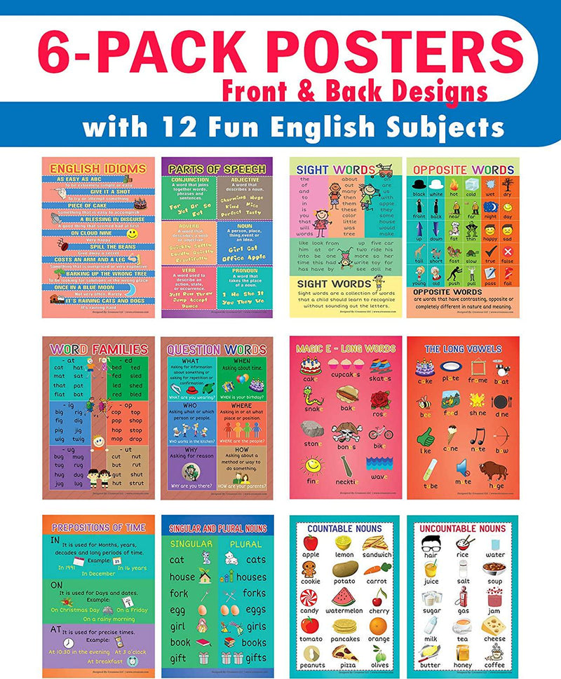 Fun English Learning Words Educational Posters (6-Pack)