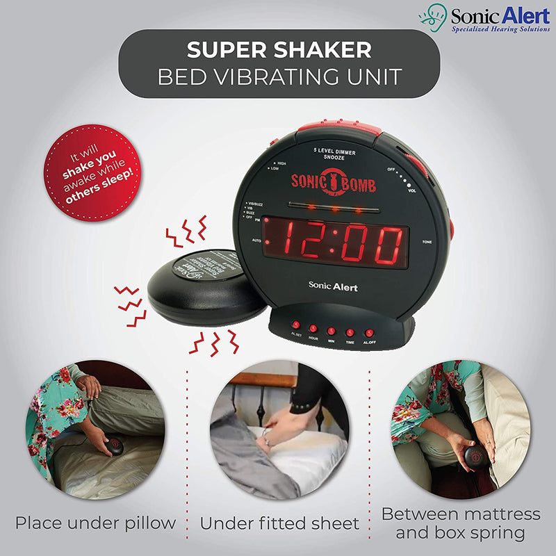 Geemarc Sonic Bomb - Extra Loud Alarm Clock with Tone and Volume Control, Bed Shaker and Snooze Function - for The Hard to Wake, Hard of Hearing and Deaf - UK Version