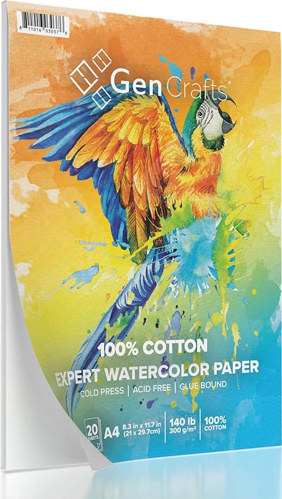 GenCrafts 100% Cotton Watercolor Paper Pad - A4 8.3x11.7 - 20 Sheets (140lb/300gsm) - Cold Press Acid Free Art Sketchbook Pad for Painting and Drawing, Wet, Mixed Media