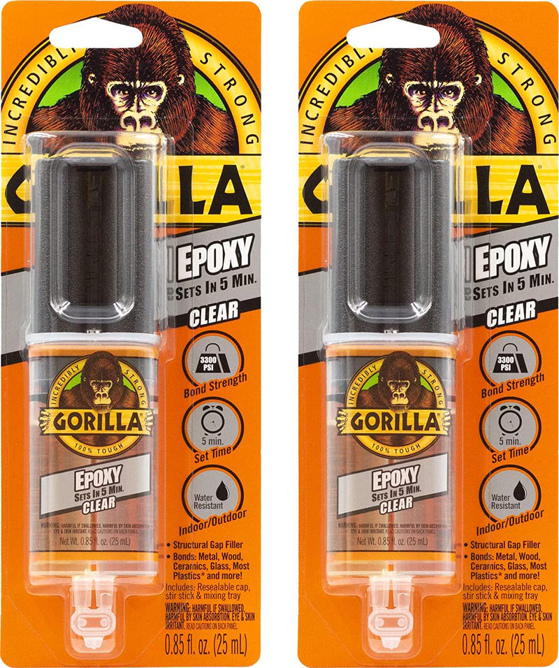 Gorilla 2 Part Epoxy, 5 Minute Set.85 Ounce Syringe, Clear, (Pack of 2)