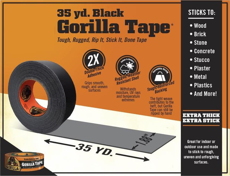 Gorilla 6003514 Duct Tape, 1.88 x 35 yd, Black, (Pack of 2)
