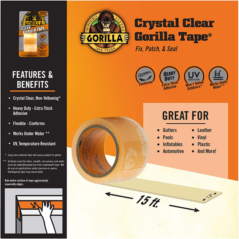 Gorilla 6015002 Tape, Crystal Clear Duct Tape, 1.88 x 5 yd, Clear