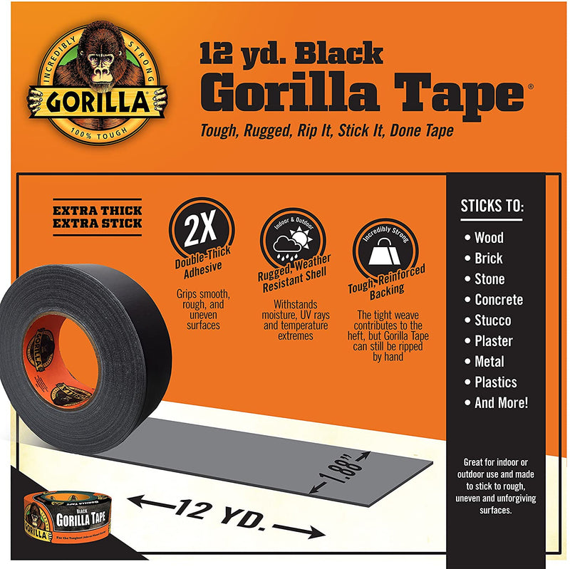 Gorilla Black Duct Tape, 1.88 x 12 yd, Black, (Pack of 2)