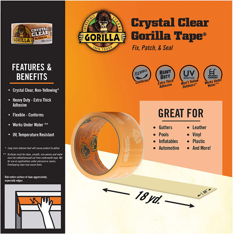 Gorilla Crystal Clear Repair Duct Tape, 1.88 x 18 yd, Clear, (Pack of 1)