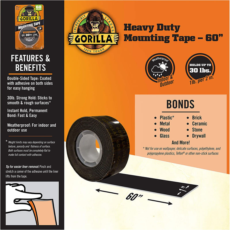 Gorilla Heavy Duty Double Sided Mounting Tape, Hanging, Instant 13.6kg Strong Hold, Permanent Bond, Weatherproof, 25.4mm x 1.52m, Black, (Pack of 1), GG41027