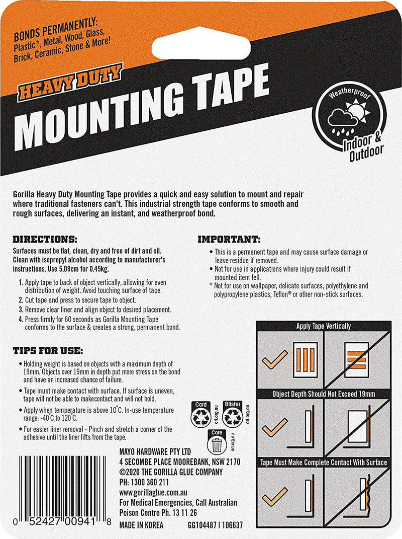 Gorilla Mounting Tape 25mm Double Sided 25mm x 1.52m