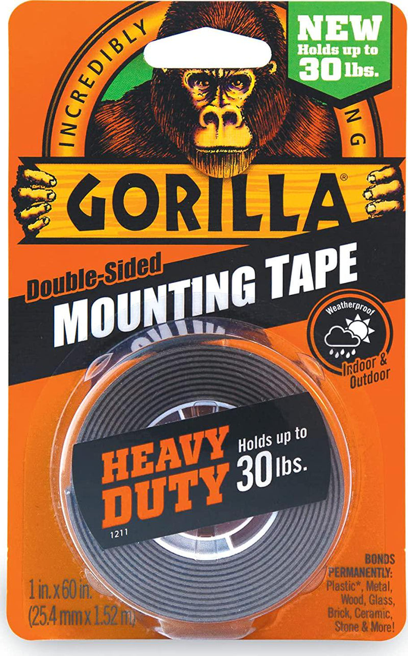 Gorilla Heavy Duty Double Sided Mounting Tape, Hanging, Instant 13.6kg Strong Hold, Permanent Bond, Weatherproof, 25.4mm x 1.52m, Black, (Pack of 1), GG41027