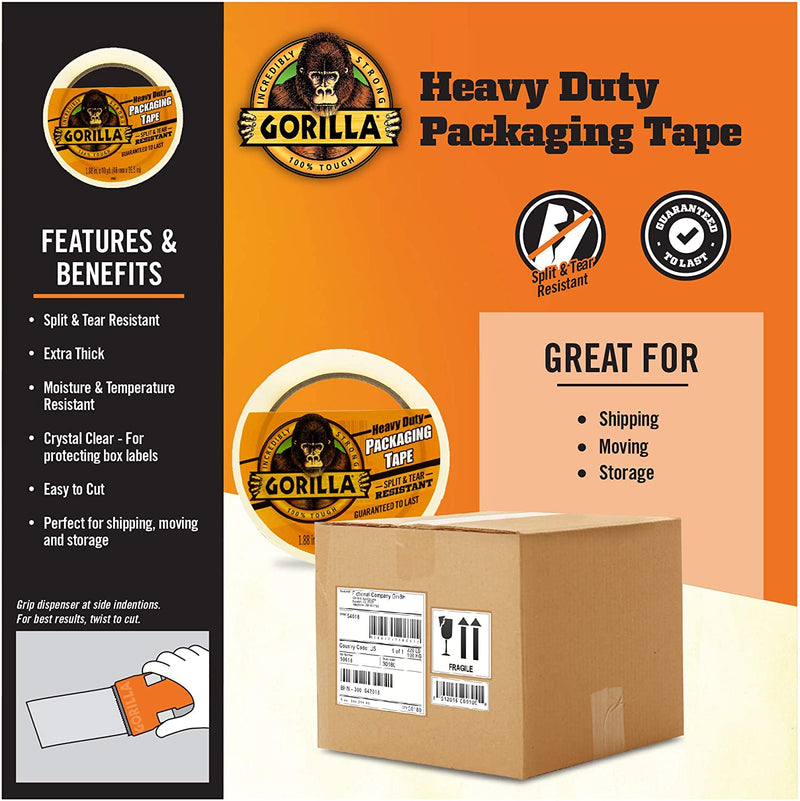 Gorilla Heavy Duty Large Core Packing Tape for Moving, Shipping and Storage, 1.88 x 40 yd, Clear, (Pack of 1)