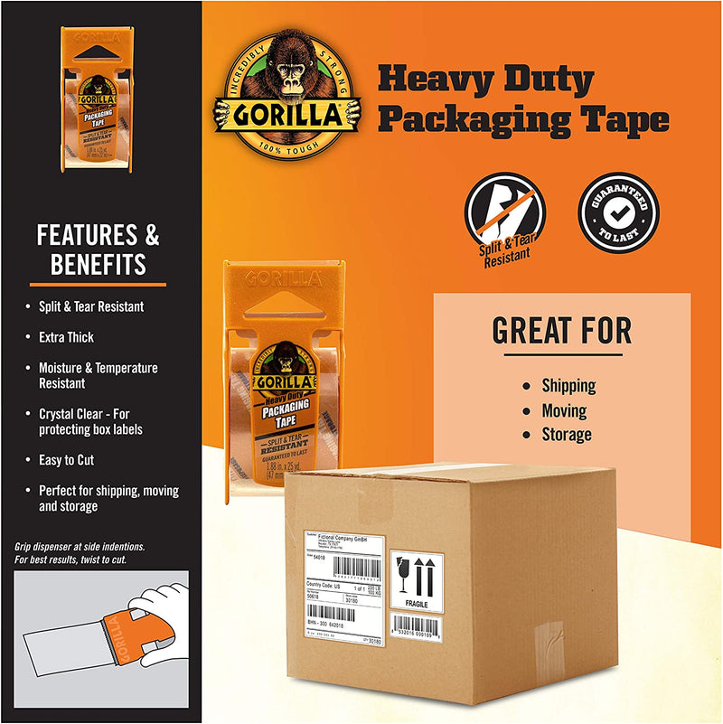 Gorilla Heavy Duty Packing Tape with Dispenser for Moving, Shipping and Storage, 1.88 x 25 yd, Clear, (Pack of 6)