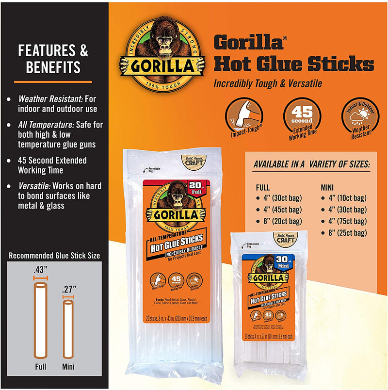 Gorilla Hot Glue Sticks, Mini Size, 8 Long x .27 Diameter, 25 Count, Clear, (Pack of 1)
