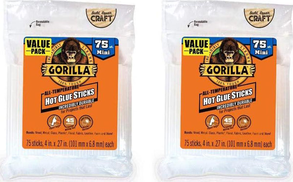 Gorilla Hot Glue Sticks, Mini Size, 4 Long x .27 Diameter, 75 Count, Clear, (Pack of 2)