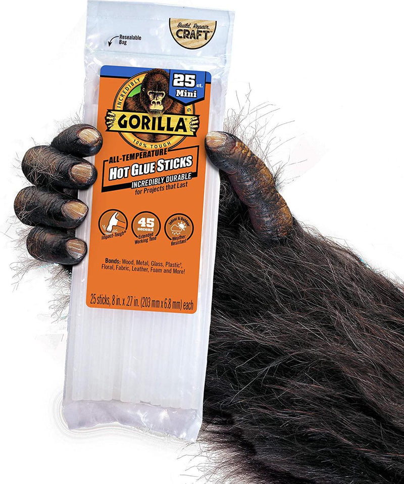 Gorilla Hot Glue Sticks, Mini Size, 8 Long x .27 Diameter, 25 Count, Clear, (Pack of 1)