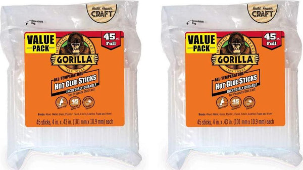 Gorilla Hot Glue Sticks, Full Size, 4 Long x .43 Diameter, 45 Count, Clear, (Pack of 2)