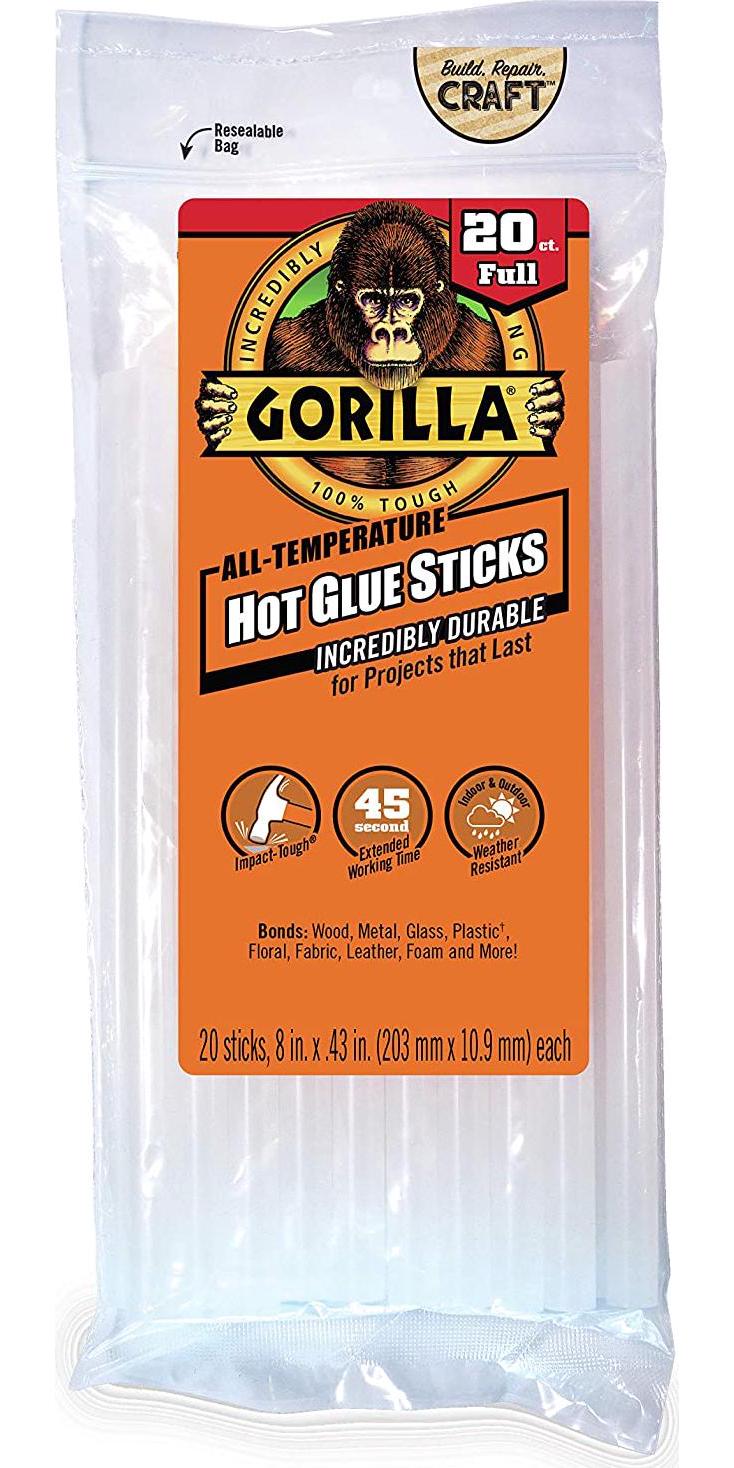 Gorilla Hot Glue Sticks, Full Size, 8 Long x .43 Diameter, 20 Count, Clear, (Pack of 1)