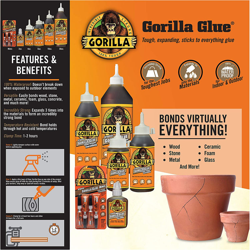 Gorilla Original Gorilla Glue, Waterproof Polyurethane Glue, 18 Ounce Bottle, Brown
