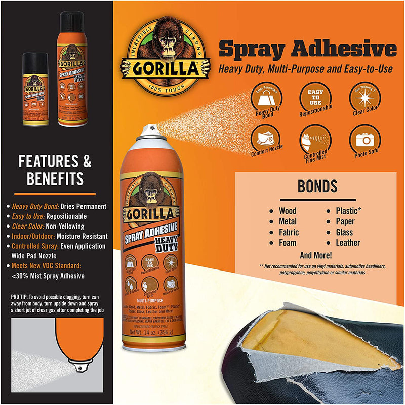Gorilla Spray Adhesive, Heavy Duty, Multi-Purpose, Dries Permanent, Indoor and Outdoor, Wide Pad Nozzle, Controlled Spray, Clear, 113g/4oz, (Pack of 1), GG101742