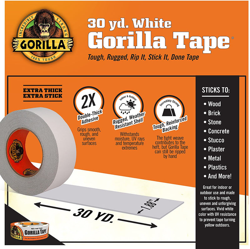 Gorilla Tape, Duct Tape, Utility Tape, Triple Layer Strength, Indoor and Outdoor, Weather Resistant Shell, 48mm x 27m, White, (Pack of 1), GG60250