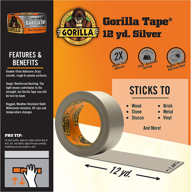 Gorilla Tape, Duct Tape, Utility Tape, Triple Layer Strength, Indoor and Outdoor, Weather Resistant Shell, 48mm x 11m, Silver, (Pack of 1), GG41017