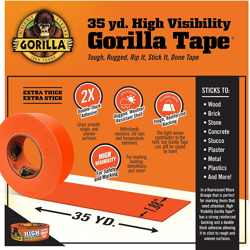 Gorilla Tape, High Visibility Duct Tape, 1.88 x 35 yd, Blaze Orange, (Pack of 1)