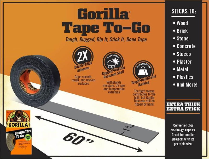 Gorilla Tape, Mini Duct Tape to-Go, 1 x 10 yd Travel Size, Black, (Pack of 3)