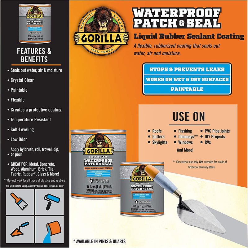 Gorilla Waterproof Patch and Seal Liquid, Clear, 32 Ounces, (Pack of 1)