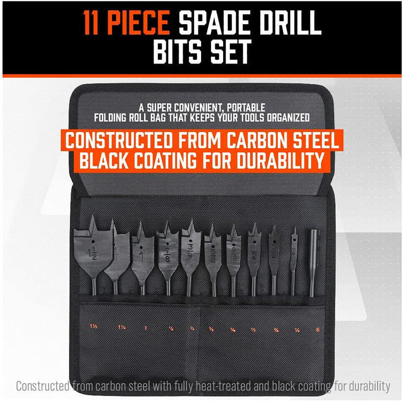 HORUSDY 11-Pieces Spade Drill Bit Set, Paddle Flat Bits with Extension for Woodworking, Industrial Grade Carbon Steel Black Coat, 1/4 to 1-1/2 with Storage Bag and Exquisite Packaging