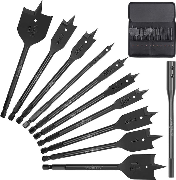 HORUSDY 11-Pieces Spade Drill Bit Set, Paddle Flat Bits with Extension for Woodworking, Industrial Grade Carbon Steel Black Coat, 1/4 to 1-1/2 with Storage Bag and Exquisite Packaging