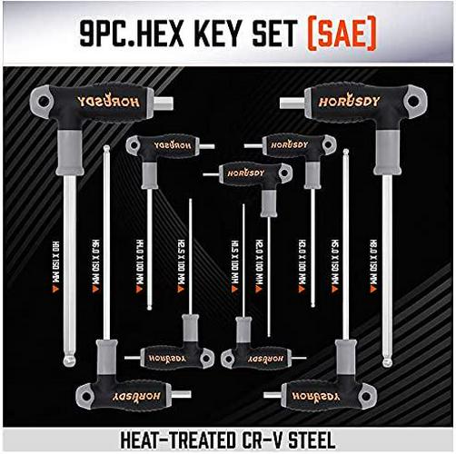 HORUSDY 18-Piece T-Handle Hex Key Set, Inch/Metric Long Arm Ball End Allen Wrench Set, Metric (1.5mm-10mm) SAE (1/16 -3/8 )