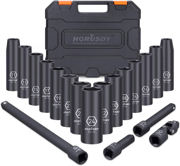 HORUSDY 19-Piece 1/2-Inch Drive Deep Impact Socket Set, Metric 10mm - 24mm 6-Point Impact Sockets Set Heavy Duty with Storage Case
