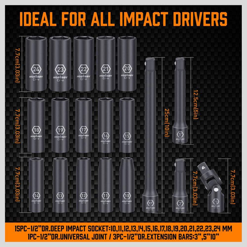 HORUSDY 19-Piece 1/2-Inch Drive Deep Impact Socket Set, Metric 10mm - 24mm 6-Point Impact Sockets Set Heavy Duty with Storage Case