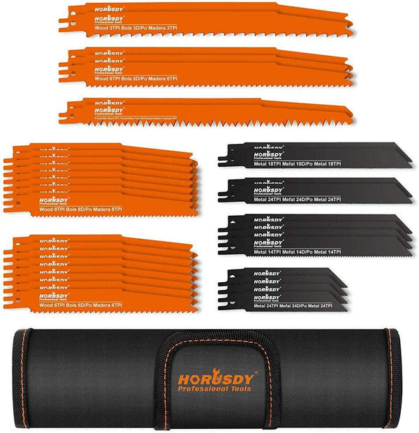 HORUSDY 34-Piece Reciprocating Saw Blade Set, For Metal Sheet and Wood Pruning Cutting 2-24TPI With Rolling Storage Pouch