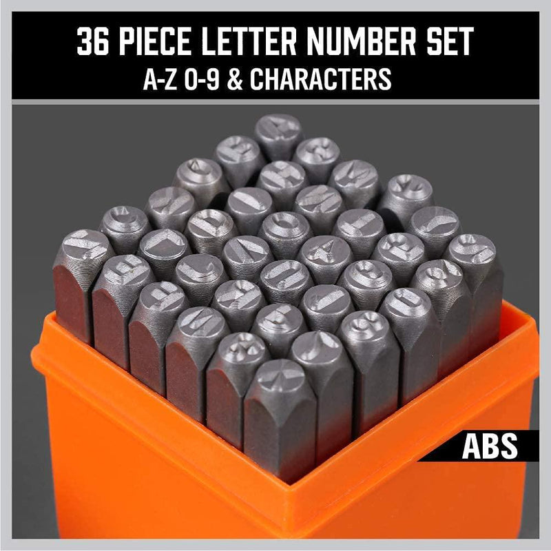 HORUSDY 36-Piece 6mm Number and Capital Letter Stamp Set (A-Z and 0-9) Punch Perfect for Imprinting Metal, Plastic, Wood, Leather.1/4 (36Pc Numbers and Letters Set)