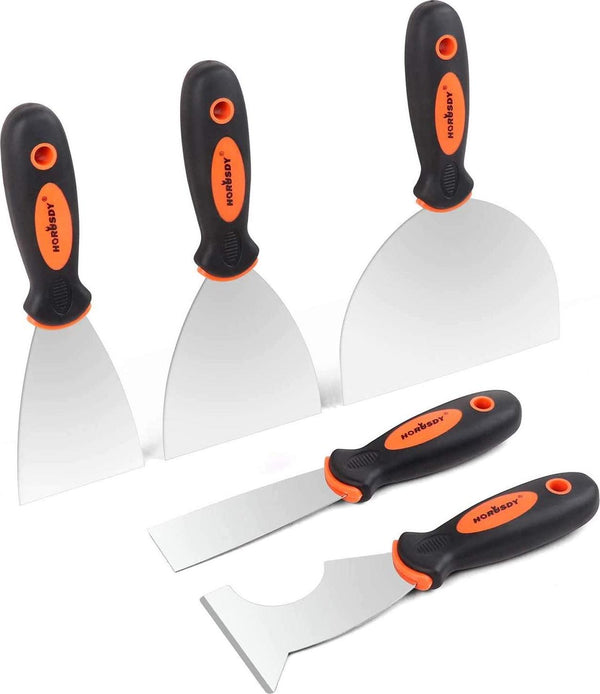 HORUSDY 5-Piece Putty Knife Set, Stainless Steel Scrapers, Heavy Duty Non-Slip Handle 1.5 , 3 , 4 , 6 and 3 6 in 1 Painters Tool. Perfect for Taping, Scraping Paint, Drywall Spackle