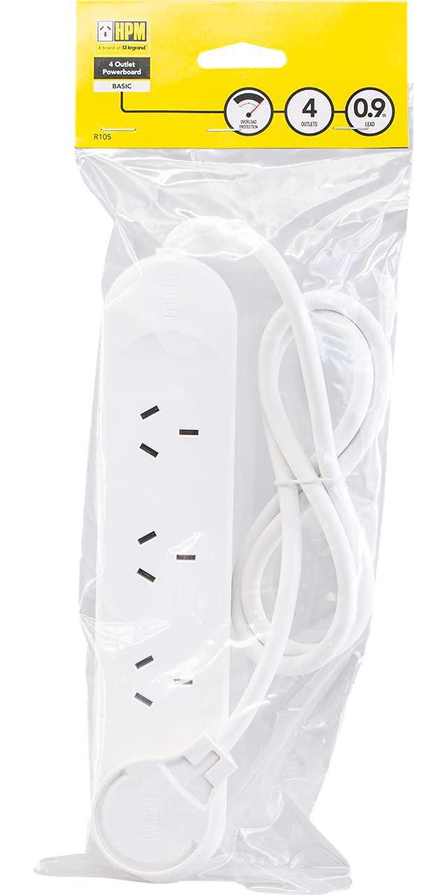 HPM R105 Standard Overload 4 Outlet Powerboard Powerboard - Standard 10A 2400W 4 outlets White Overload Protection 0.9m Lead, White