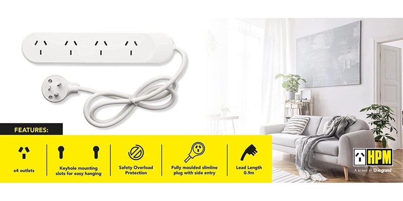 HPM R105 Standard Overload 4 Outlet Powerboard Powerboard - Standard 10A 2400W 4 outlets White Overload Protection 0.9m Lead, White
