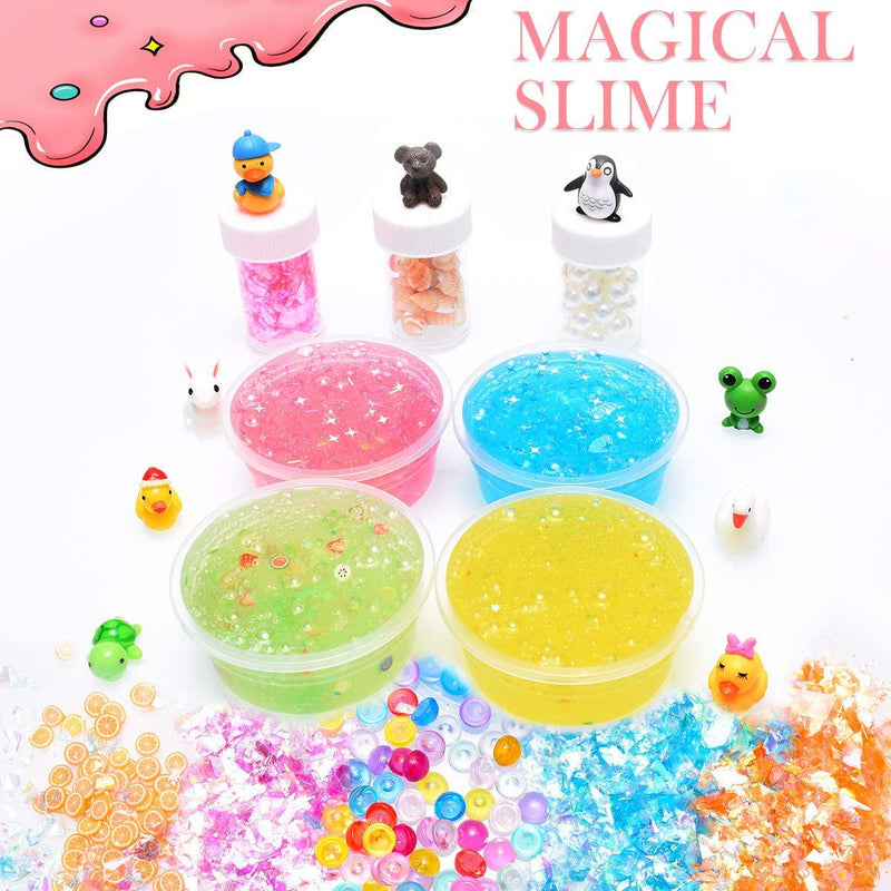 HSETIY Super Slime Kit Supplies-12 Crystal Clear Slimes with 54 Packs Glitter Sheet Jars, 3 Jelly Cubes,4 Pcs Fruit Slices,16 pcs Animals Beads, Foam Balls 5 Slime Containers with DIY Art Crafts