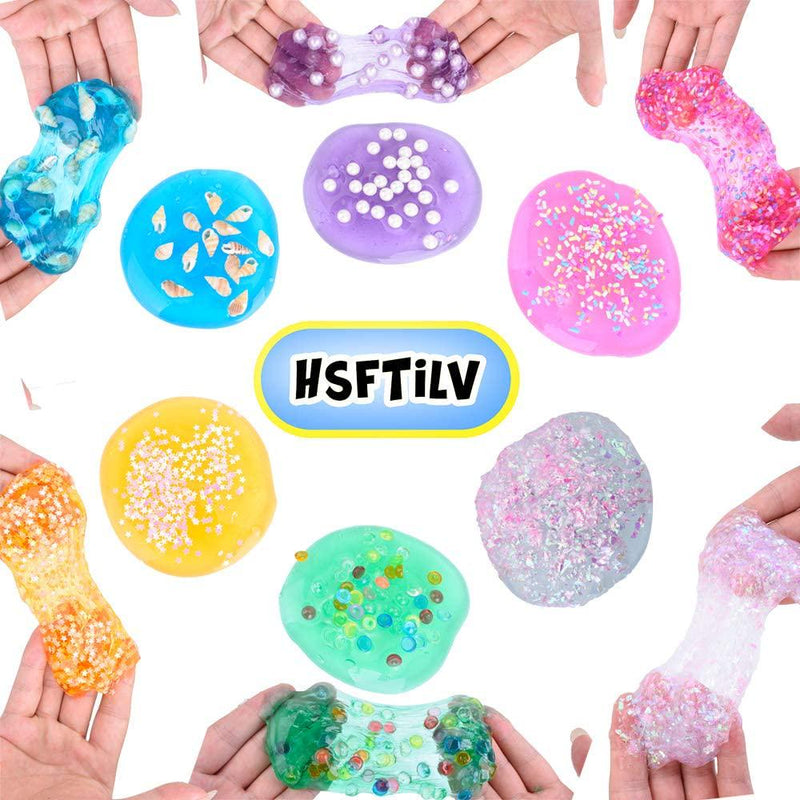 HSETIY Super Slime Kit Supplies-12 Crystal Clear Slimes with 54 Packs Glitter Sheet Jars, 3 Jelly Cubes,4 Pcs Fruit Slices,16 pcs Animals Beads, Foam Balls 5 Slime Containers with DIY Art Crafts