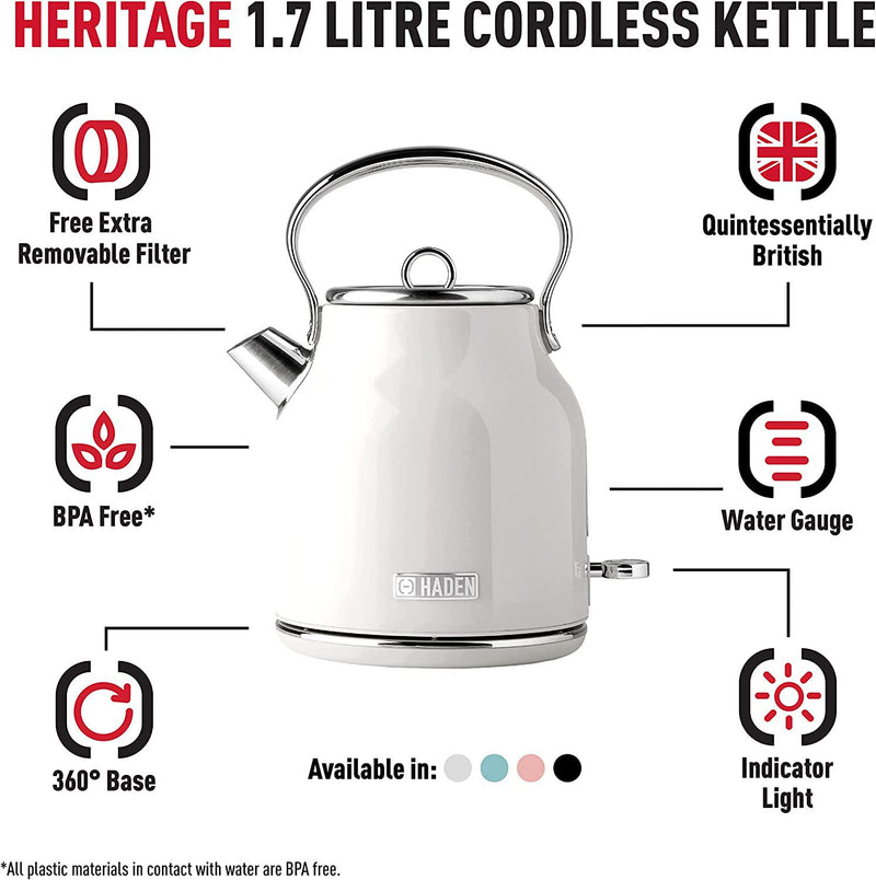 Haden Heritage Cordless Kettle - Traditional Electric Fast Boil Kettle - 3000W, 1.7 Litre, White - CE23