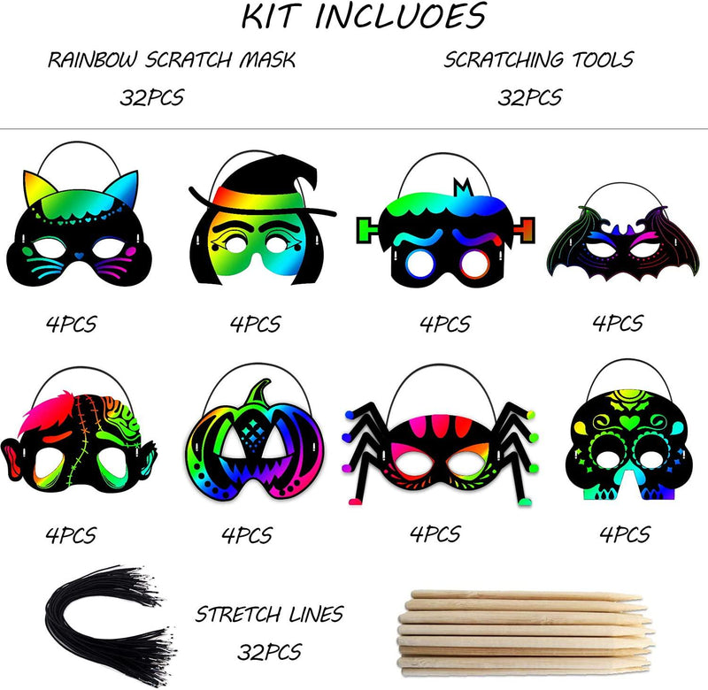 Halloween Crafts for Kids 64Pcs Halloween Favors Rainbow Scratch Paper Art Masks Kits with 60Pcs Wooden Styluses and 32Pcs Ribbons for Halloween Party Supplies
