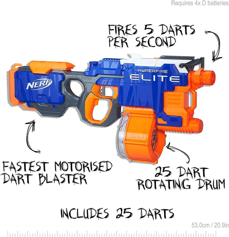 Nerf Hyperfire Motorized Elite Blaster, 25-Dart Drum, Fires Up To 5 Darts  Per Second, Includes 25 Official Elite Darts For Kids Ages 8 And Up,  Multicolour : : Toys & Games