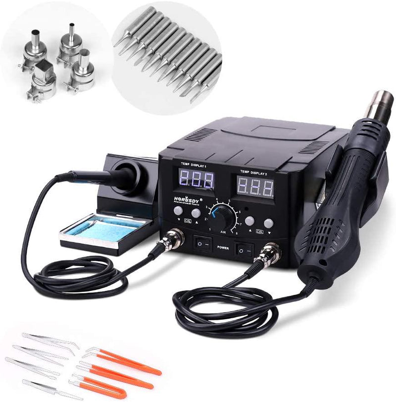 Horusdy 2in1 Soldering Station Solder Iron Rework Hot Air Blower Digital SMD Display + 11 Tips, 4 Nozzles and Tweezer Set
