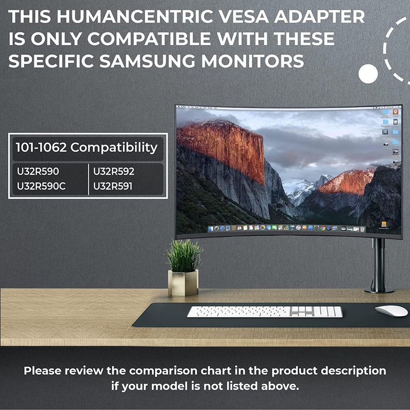 HumanCentric VESA Mount Adapter for Samsung Curved Monitors U32R590, U32R590C, U32R592, and U32R591, VESA Adapter Bracket Mounts Monitor to VESA Stand, Arm or Desk Mount with 75x75 or 100x100 mm
