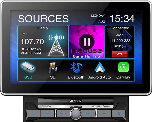 Jensen CAR1000 10.1 Extra Large Touchscreen Media Receiver with Apple CarPlay and Android Auto l Built-in Bluetooth with A2DP Music Streaming and Phonebook Support