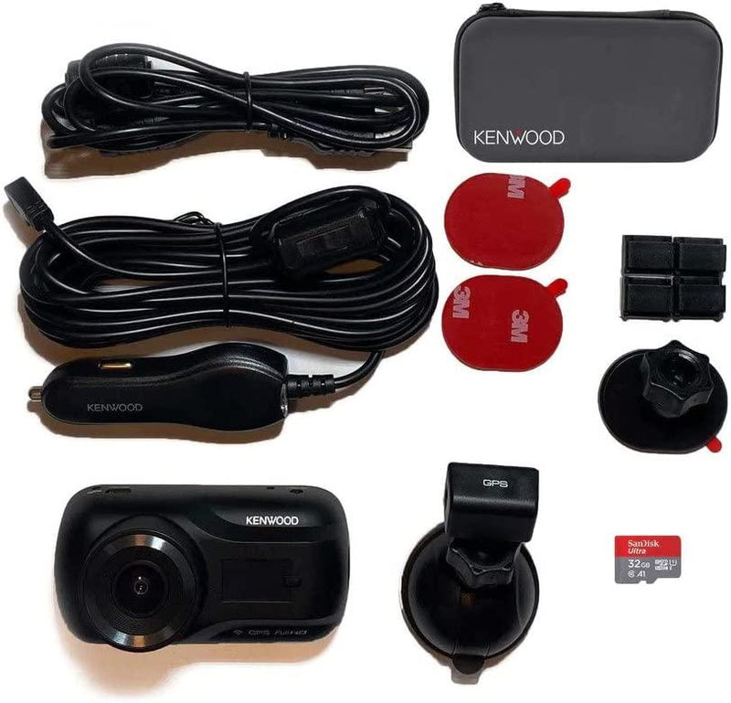 KENWOOD DRV-A501W Front and Rear Dash Cam Bundle - KCA-R100 Rear Camera - CA-DR1030 Hardwire Kit - 32GB SD-Card - Carry Case - Smartphone App