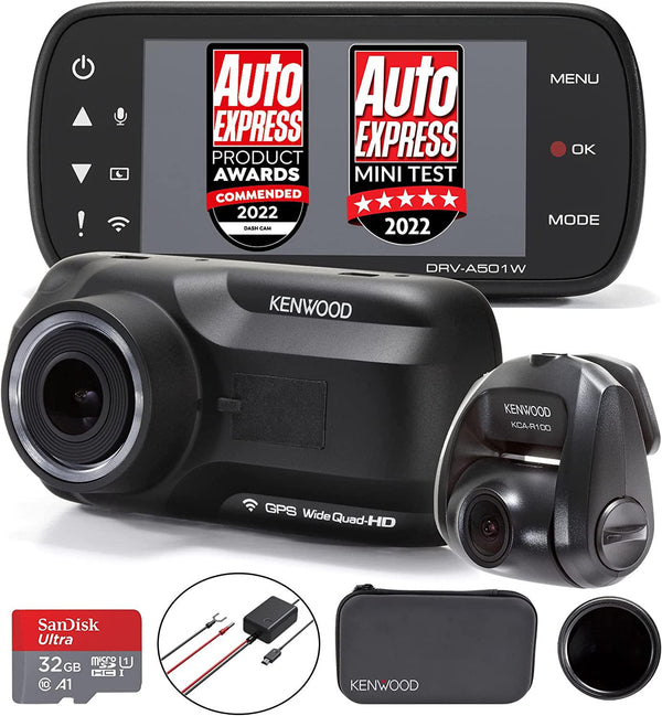 KENWOOD DRV-A501W Front and Rear Dash Cam Bundle - KCA-R100 Rear Camera - CA-DR1030 Hardwire Kit - 32GB SD-Card - Carry Case - Smartphone App