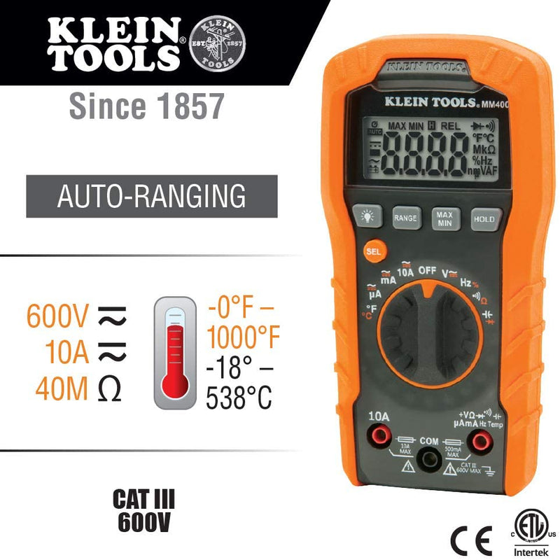 KLEIN TOOLS 600V Auto Ranging Digital Multimeter, Orange