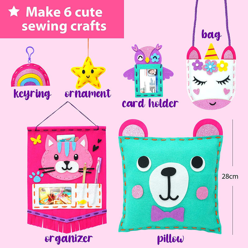 KRAFUN Beginner My First Sewing Kit for Kids Art and Craft, Includes 6 Easy Projects Stitch Stuffed Animal Dolls and Plush Craft Pillow, Instruction and Felt Materials for Learn to Sew, Embroidery Skills