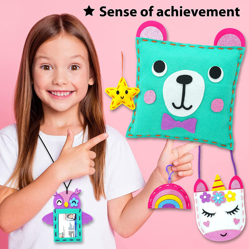  KRAFUN My First Unicorn Kids Sewing kit, Beginner Arts &  Crafts, Make 5 Cute Projects with Plush Stuffed Animal, Pillow, Mobile,  Keyring and Bag, Instructions & Felt for Learn Sewing, Embroidery